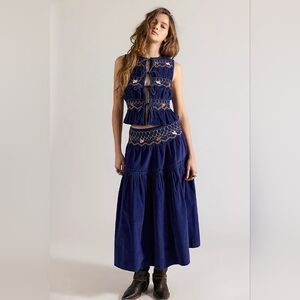 NWT! Free People Terra Smocked Maxi Skirt Set (M), Blue, Corduroy